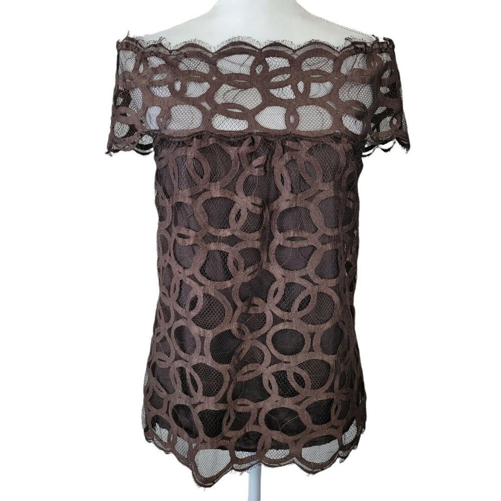 Robert Rodriguez Sz 2 Off The Shoulder Top Lace Over Silk Brown Circle Design